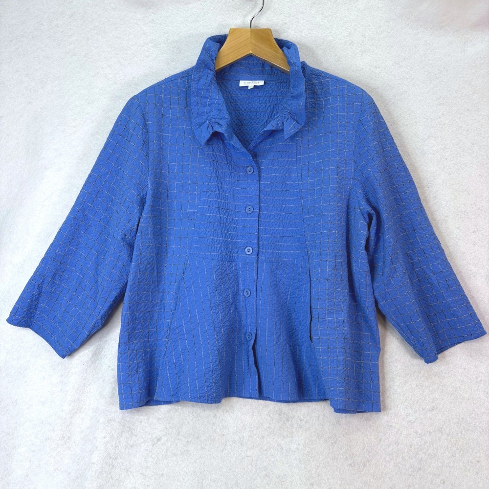 Habitat Crinkle Grid Texture Blue Button Down Shirt Women XXL Lagenlook Art Wear